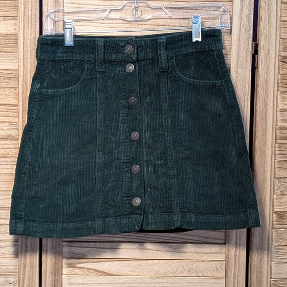 American Eagle Dark Green Corduroy Button-Front Skirt Size 0 Reg - Picture 1 of 13